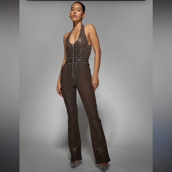 Missguided Pants - Missguided Women's Brown Retro Y2K Coated Denim Halter Neck Jumpsuit Size S